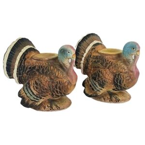 2- Napco National Potteries Japan Thanksgiving Turkey ChandleStick Taper Holders